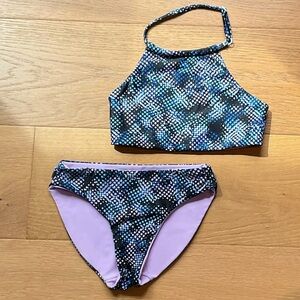 Zella Girl Bikini Medium REVERSIBLE Halter Lavender/Black Graphic Dot Pattern